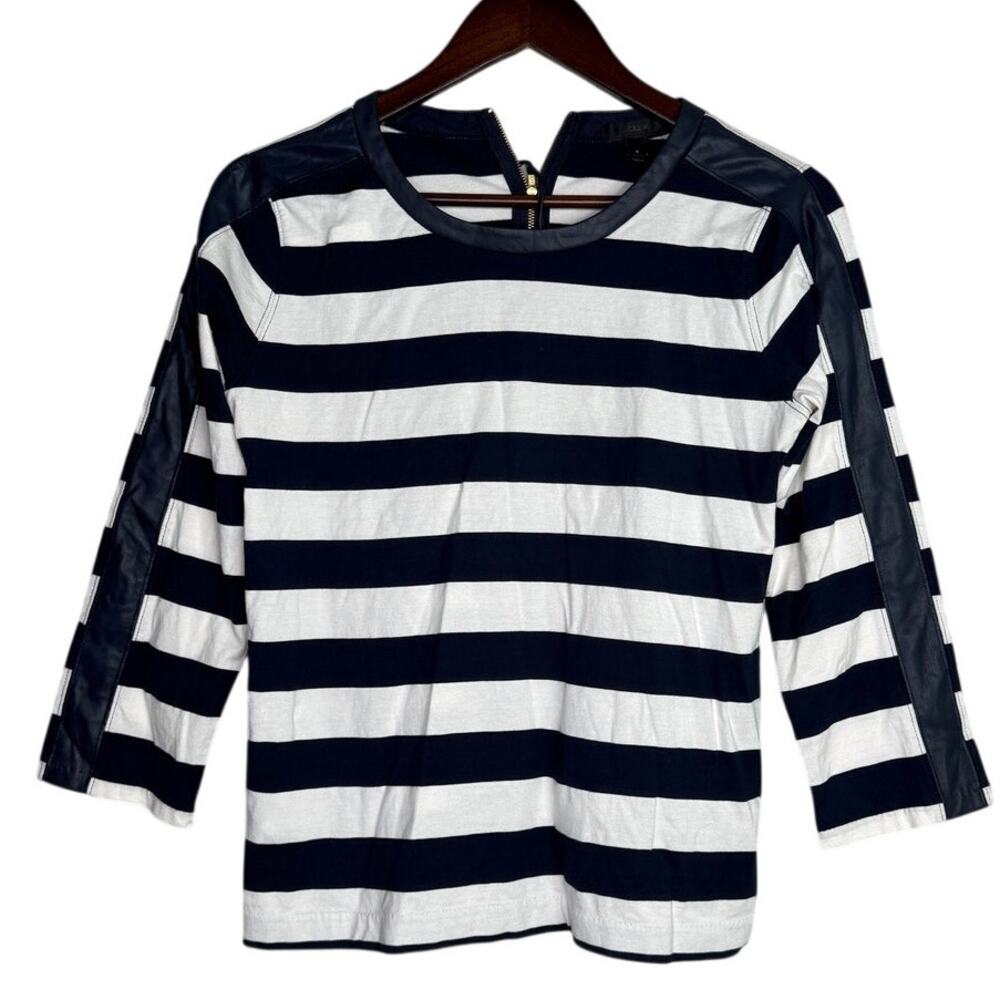 J. Crew Rugby Striped 3/4 Sleeves Crew Neck Top Shirt Back Zipper S Blue White